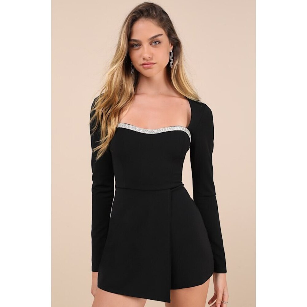 Lulus Fashionable Sparkle Black Rhinestone Long Sleeve Skort Romper - Size XS